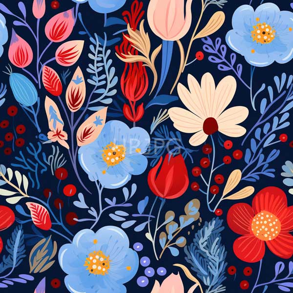 High Resolution: Vibrant colorful floral pattern dark blue background showcases variety flowers including large blue and red blossoms yellow centers pink download. | HRJPG.com