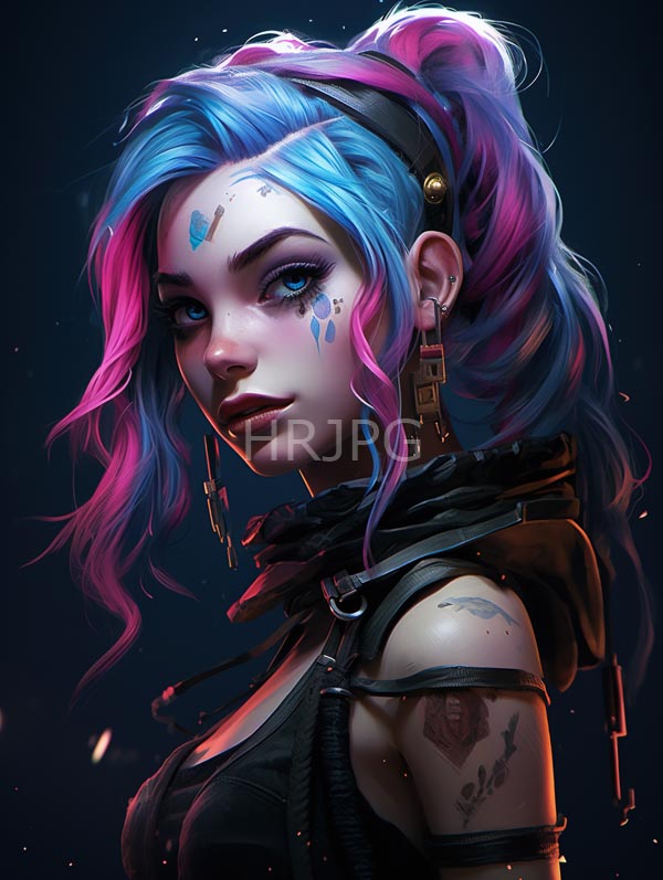 High Resolution: Young woman vibrant blue and pink hair high ponytail wearing black leather outfit straps She has striking blue eyes tattoo download. | HRJPG.com