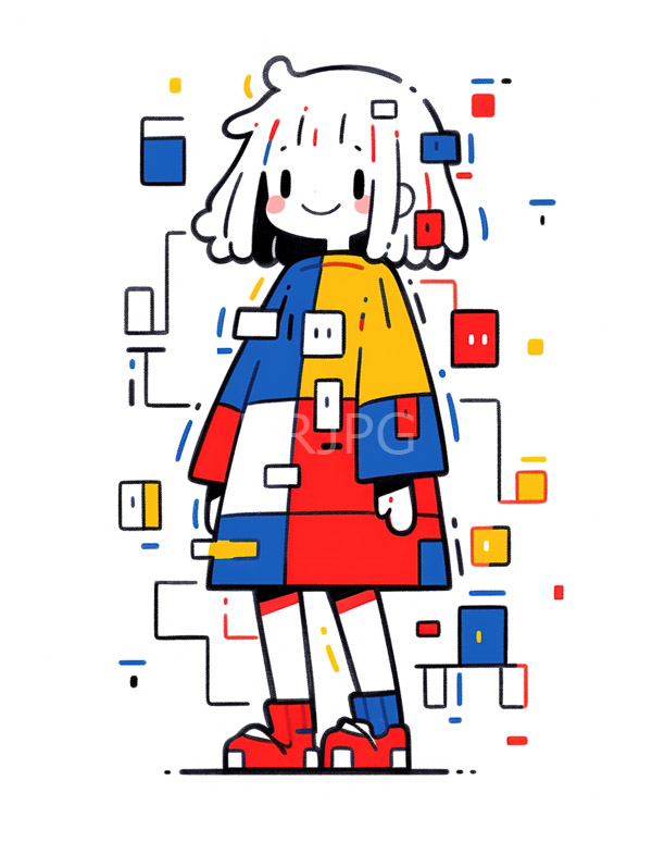 High Resolution: Cute white-haired cartoon character simple smiling face character wears colorful patchwork dress red blue yellow and white matching red download. | HRJPG.com