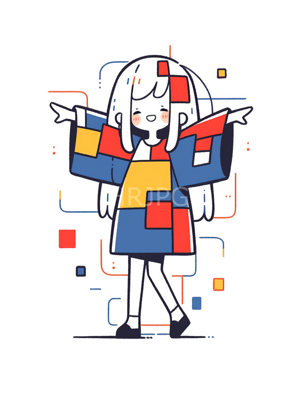 High Resolution: Cute anime-style girl white hair blush marks wearing colorful geometric-patterned dress blue yellow and red She stands arms outstretched download. | HRJPG.com