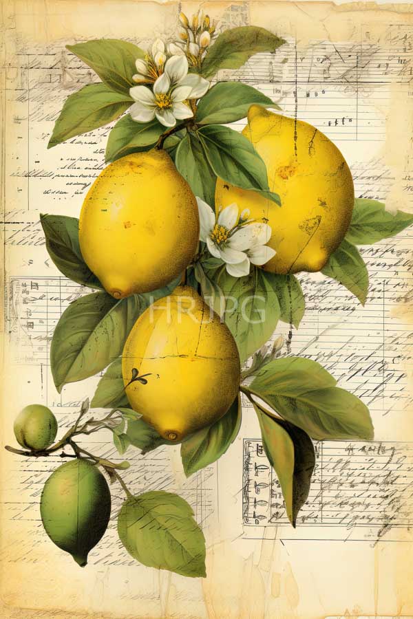 High Resolution: Detailed realistic botanical four yellow lemons green leaves white flowers set against aged musical notations lemons prominently centered one green download. | HRJPG.com