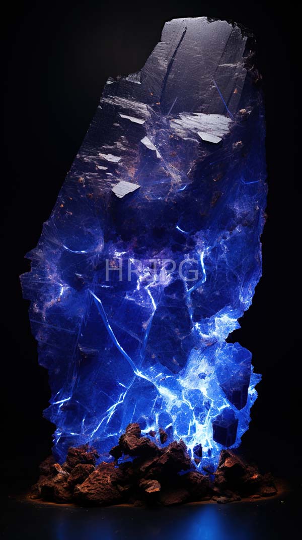 High Resolution: Large jagged deep blue crystal intricate white and purple vein patterns standing against black crystal illuminated from within highlighting its download. | HRJPG.com