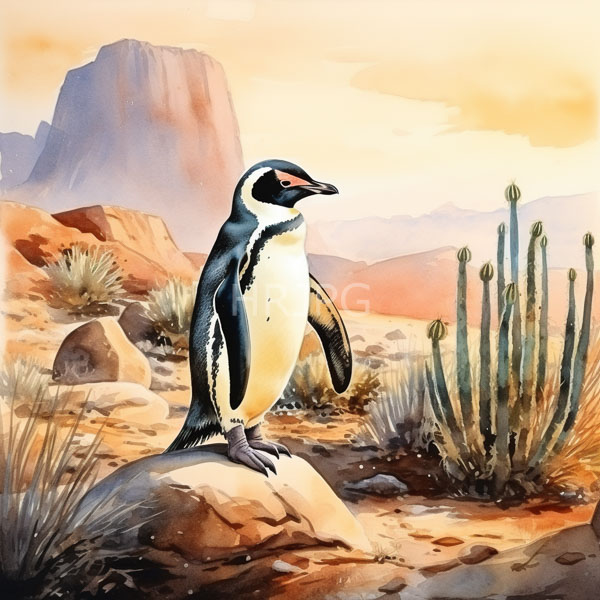 High Resolution: Watercolor black-footed penguin standing rock desert landscape penguin has black and white feathers red eye stands near cacti download. | HRJPG.com