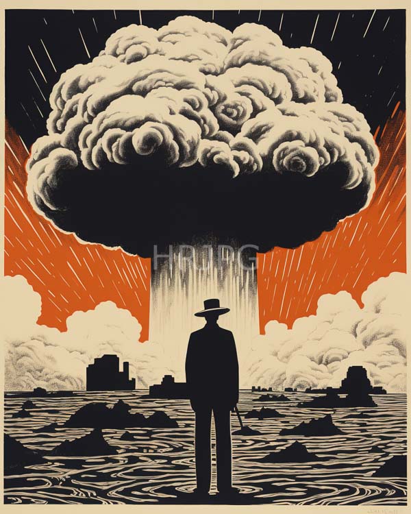 High Resolution: Vintage propaganda-style art depicts solitary silhouetted man hat and suit standing turbulent ocean facing massive dark cloud glowing orange download. | HRJPG.com