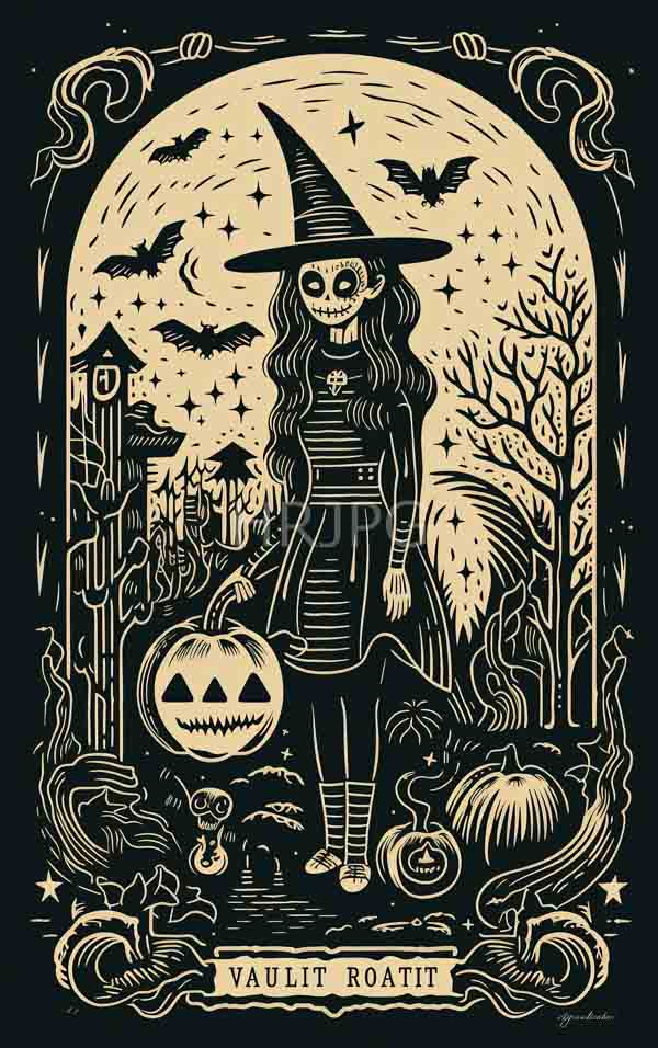 High Resolution: Black and beige vintage-style woodcut Halloween scene skeletal witch long wavy hair pointed hat stands holding carved pumpkin download. | HRJPG.com