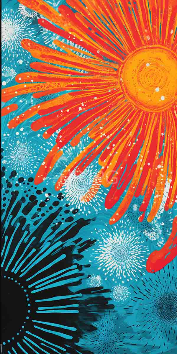 High Resolution: Vibrant abstract features large radiant orange sun red and yellow rays set against turquoise White and black sun-like patterns download. | HRJPG.com