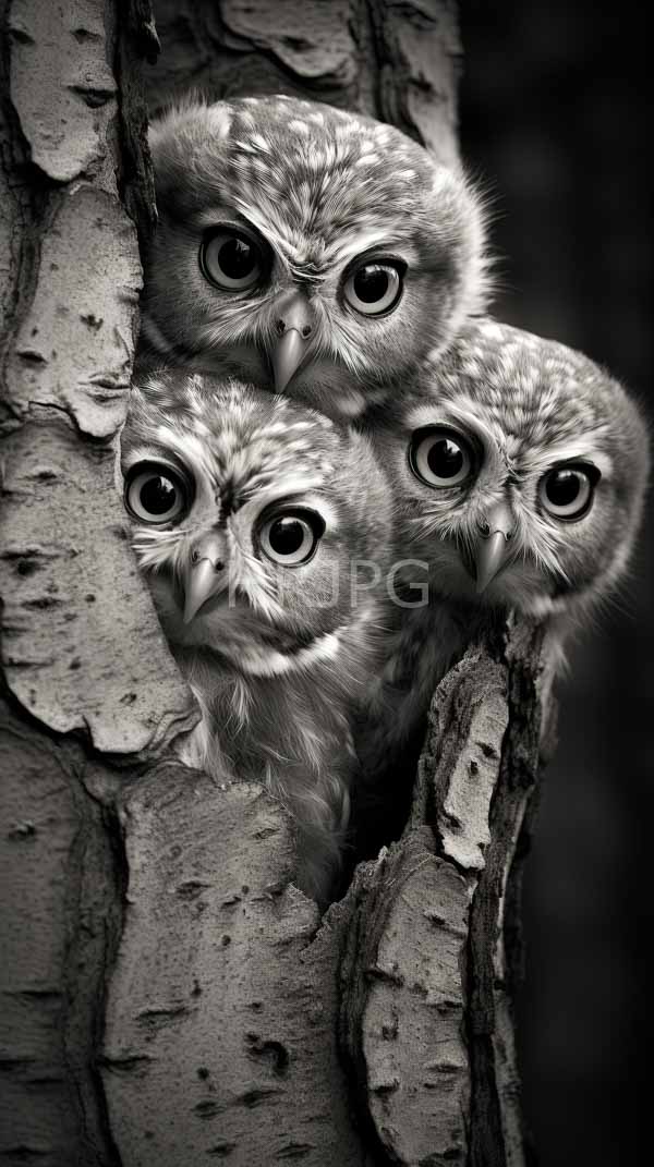 High Resolution: Black-and-white three wide-eyed fluffy owl chicks nestled closely together tree's textured bark crevice Their large round eyes and small download. | HRJPG.com