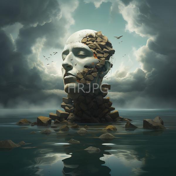 High Resolution: White marble human head emerging calm reflective sea broken stone fragments forming its neck and base head closed eyes download. | HRJPG.com