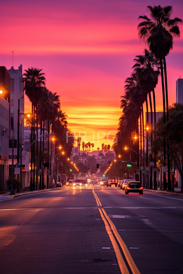 High Resolution: City street sunset vibrant pink and orange sky Tall palm trees line both sides road which illuminated streetlights download. | HRJPG.com