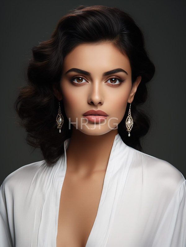 High Resolution: Beautiful light-skinned woman dark wavy hair wearing white V-neck blouse She has striking brown eyes full lips and adorned download. | HRJPG.com