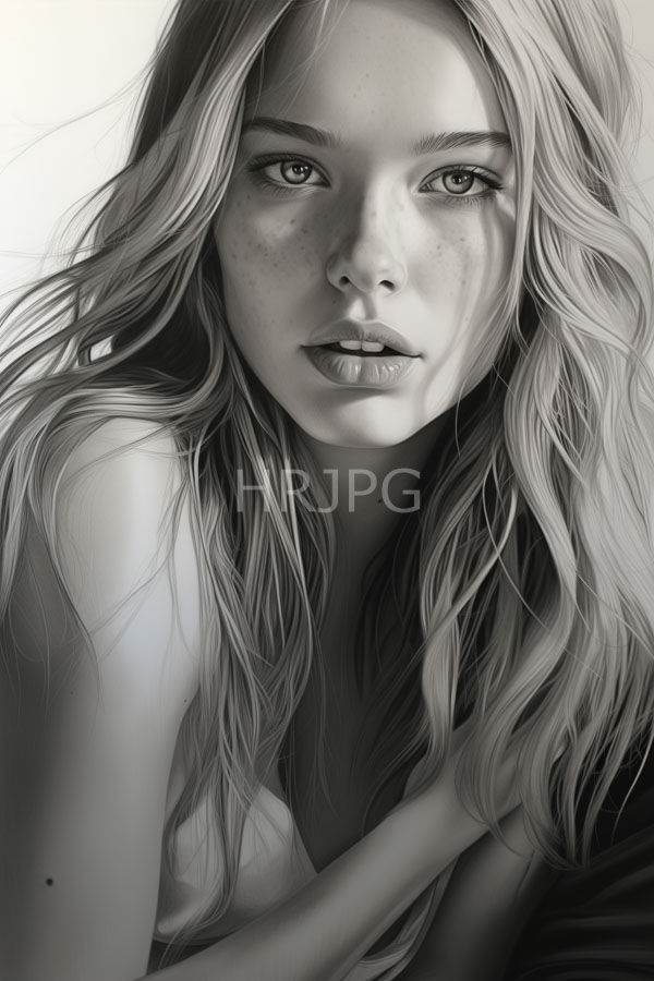 High Resolution: Black-and-white young woman long wavy light-colored hair freckles piercing eyes She has neutral expression slightly parted lips and download. | HRJPG.com
