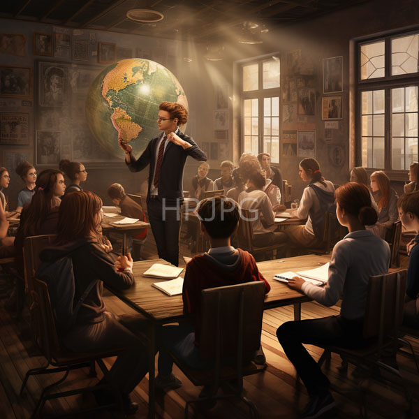 High Resolution: Sunlit classroom wooden floors large windows young man curly hair wearing dark suit red tie stands front holding download. | HRJPG.com