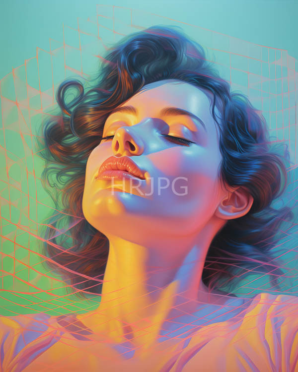 High Resolution: Young woman wavy dark hair closed eyes pink lips bathed vibrant multicolored light She has smooth fair complexion and wears download. | HRJPG.com