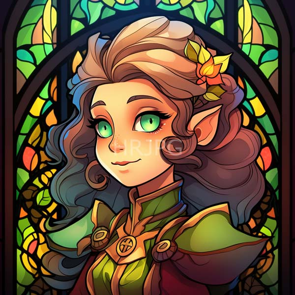 High Resolution: Cute fantasy elf girl green eyes wavy brown hair adorned flowers pointed ears She wears green and gold armor high download. | HRJPG.com