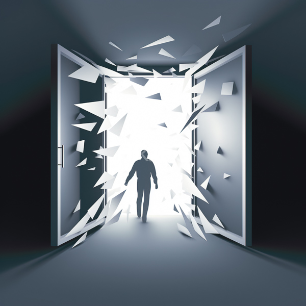 High Resolution: Silhouetted human figure walking through shattered open door door white jagged flying paper fragments around creating dynamic explosive download. | HRJPG.com