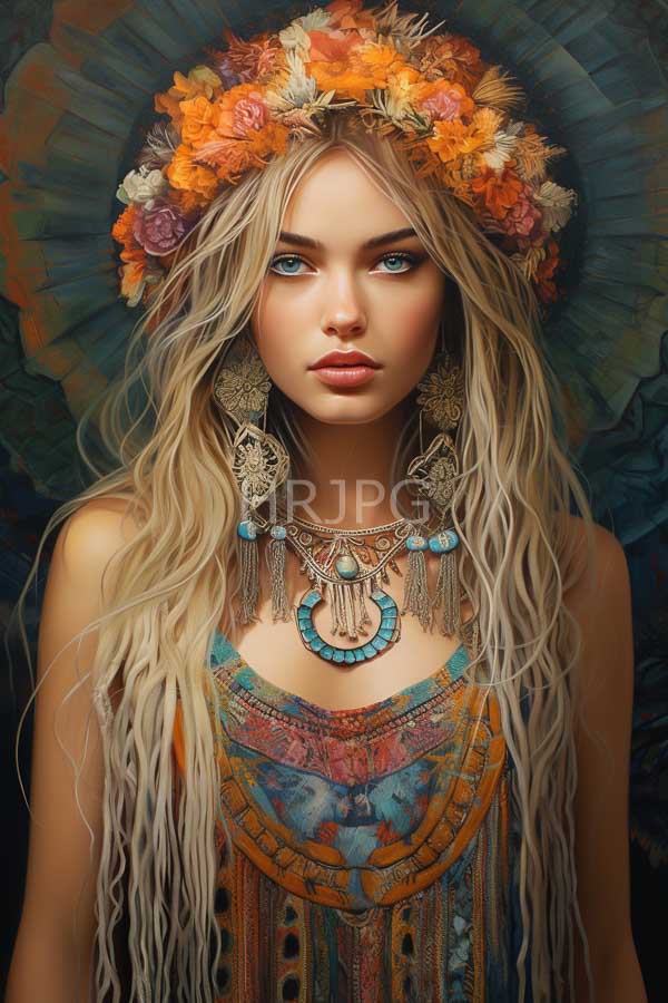 High Resolution: Beautiful fair-skinned blonde woman long wavy hair wearing colorful floral crown She has striking blue eyes full lips and dressed download. | HRJPG.com
