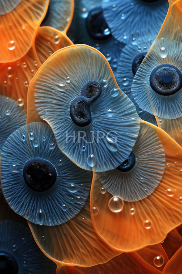 High Resolution: Vibrant translucent mushroom caps blue and orange hues overlapping each other caps have radial ribbed textures and adorned glistening download. | HRJPG.com