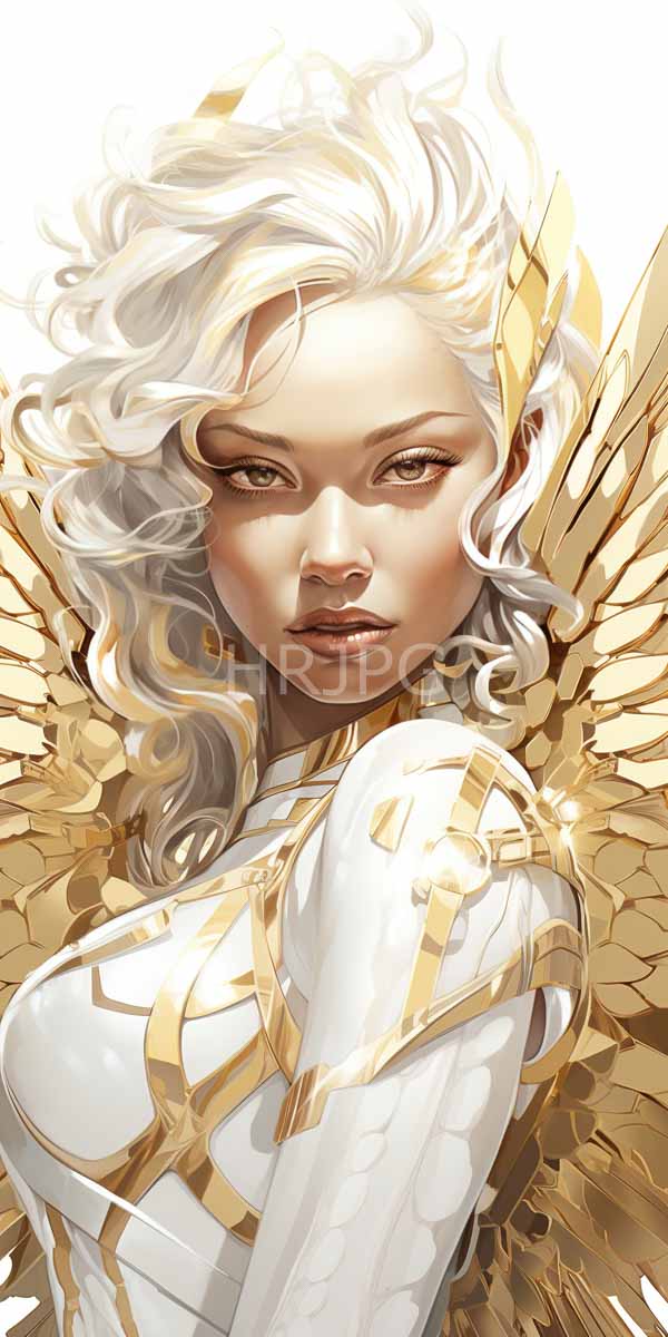 High Resolution: Beautiful fair-skinned white-haired woman golden wings wearing white and gold form-fitting outfit She has striking almond-shaped eyes full lips download. | HRJPG.com