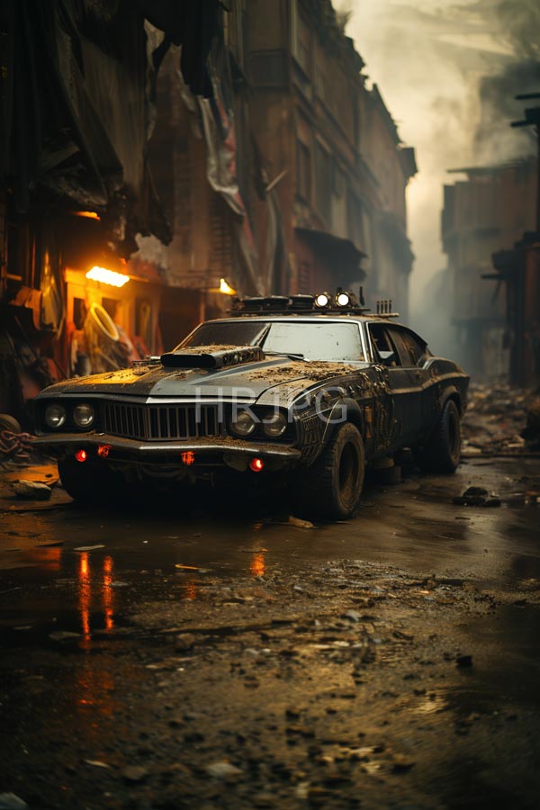 High Resolution: Heavily-damaged black muscle car hood scoop red LED lights parked post-apocalyptic war-torn street car covered mud and debris download. | HRJPG.com