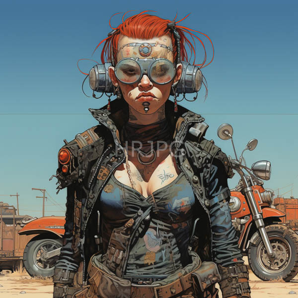 High Resolution: Red-haired pale-skinned woman cyberpunk aesthetics She wears large round goggles black leather jacket patches low-cut top revealing heart tattoo download. | HRJPG.com