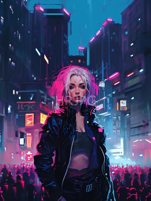 High Resolution: Cyberpunk cityscape night Pale-skinned white-haired woman pink highlights stands confidently foreground wearing black leather jacket black sports bra download. | HRJPG.com