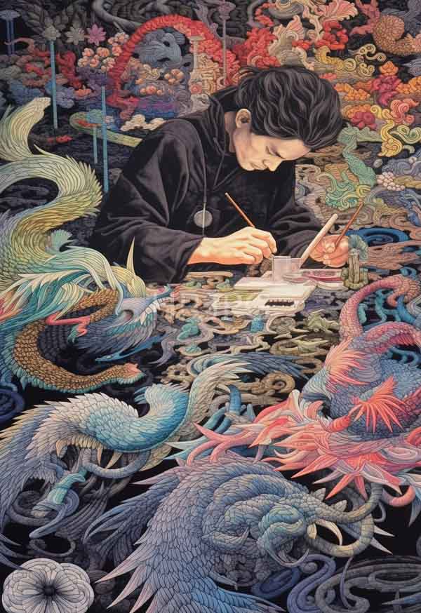 High Resolution: Detailed colorful traditional Japanese art style young man dark wavy hair wearing black kimono intently drawing brush white sheet download. | HRJPG.com