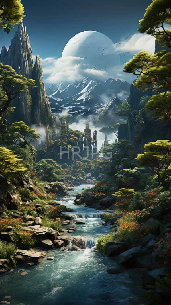High Resolution: Fantasy landscape serene turquoise river flows through lush green valley rocky paths vibrant orange flowers Majestic jagged mountains rise download. | HRJPG.com