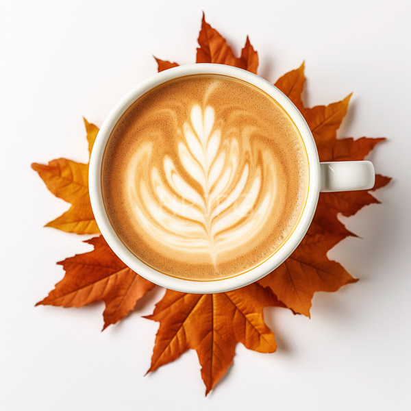 High Resolution: White ceramic cup filled latte detailed leaf-shaped foam pattern cup centered white surrounded circular arrangement vibrant orange and red download. | HRJPG.com