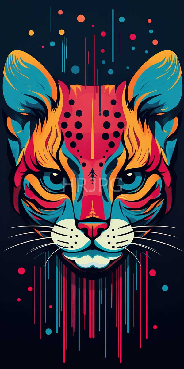 High Resolution: Stylized tiger's face vibrant geometric patterns red blue orange and teal tiger's eyes intense and focused white whiskers download. | HRJPG.com