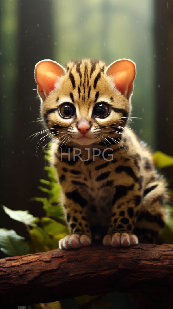 High Resolution: Cute wide-eyed small leopard kitten black spots pink ears pink nose sitting tree branch lush green forest download. | HRJPG.com