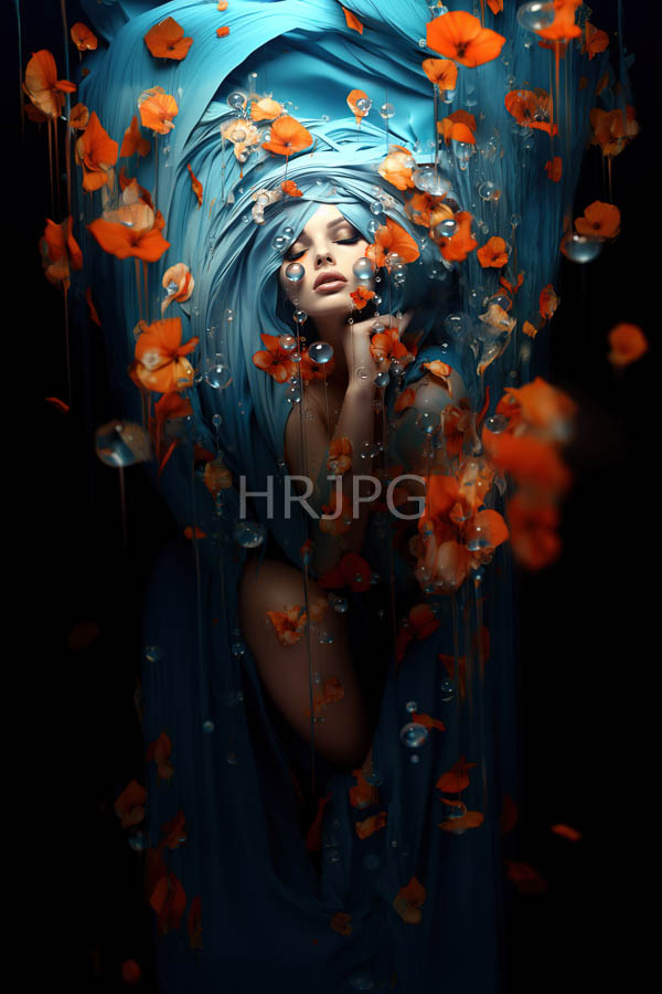High Resolution: Fair-skinned woman closed eyes wrapped flowing blue fabric surrounded floating orange poppies translucent bubbles hair covered fabric and she download. | HRJPG.com