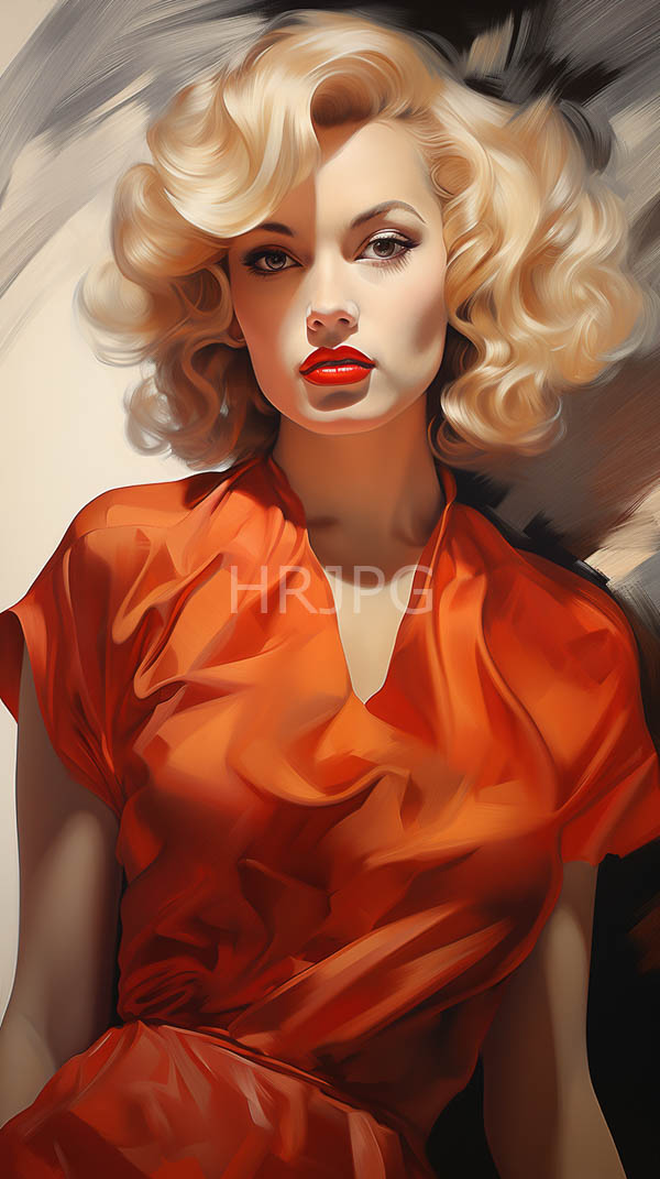 High Resolution: Blonde woman curled hair wearing vibrant red dress She has fair skin red lipstick serious expression abstract dark and light download. | HRJPG.com