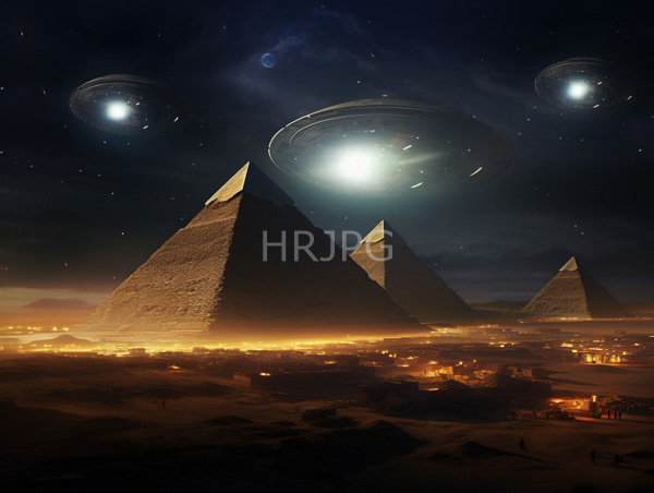 High Resolution: Night scene three ancient Egyptian pyramids under starry sky Three glowing UFOs hover above pyramids foreground lit ancient city download. | HRJPG.com