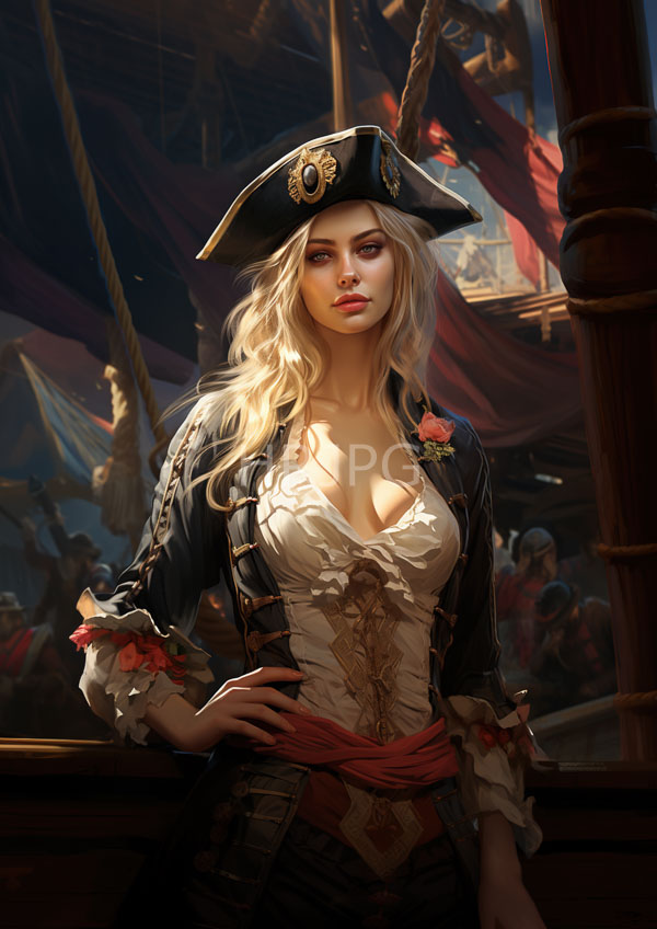 High Resolution: Beautiful blonde fair-skinned pirate woman large breasts wearing black tricorn hat white ruffled blouse black jacket gold accents download. | HRJPG.com