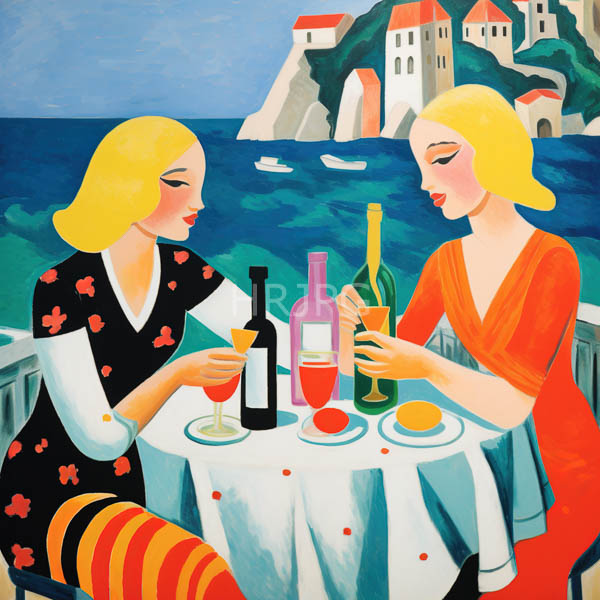 High Resolution: Vibrant stylized two blonde women fair skin sitting small white-clothed table sea woman left wears black dress red flower download. | HRJPG.com