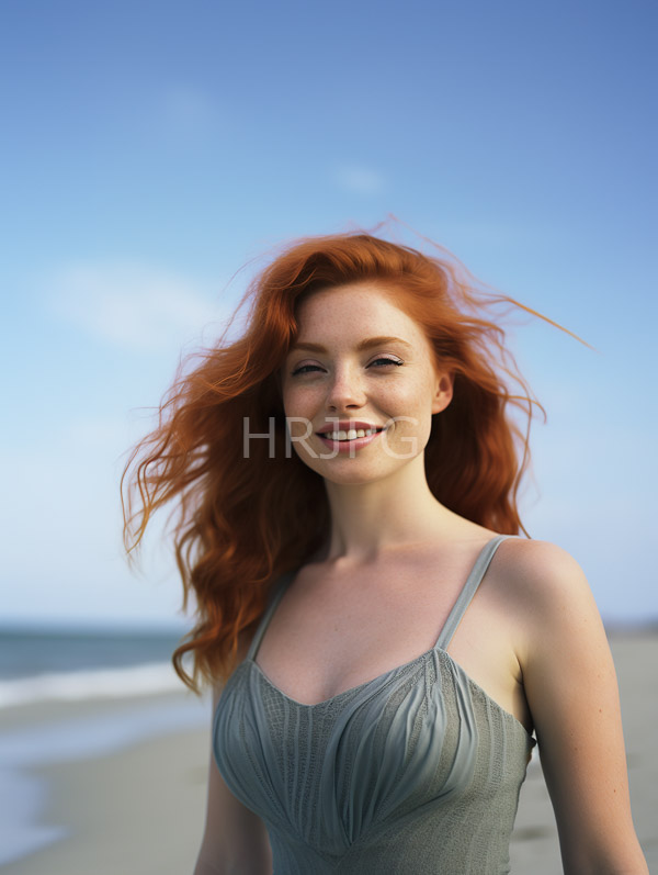 High Resolution: Smiling fair-skinned red-haired woman wavy hair blowing wind wearing gray pleated spaghetti-strap dress She stands sandy beach clear blue download. | HRJPG.com
