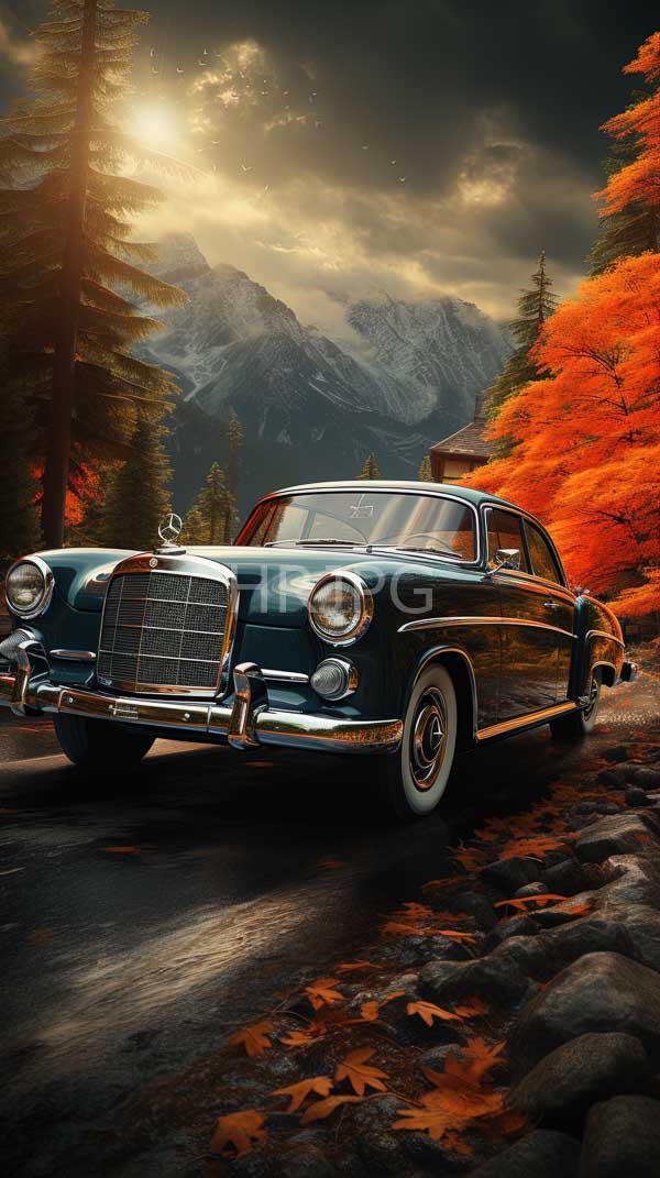 High Resolution: Vintage dark green classic car chrome accents parked rocky autumn-leaved path car has shiny polished exterior and white-walled download. | HRJPG.com