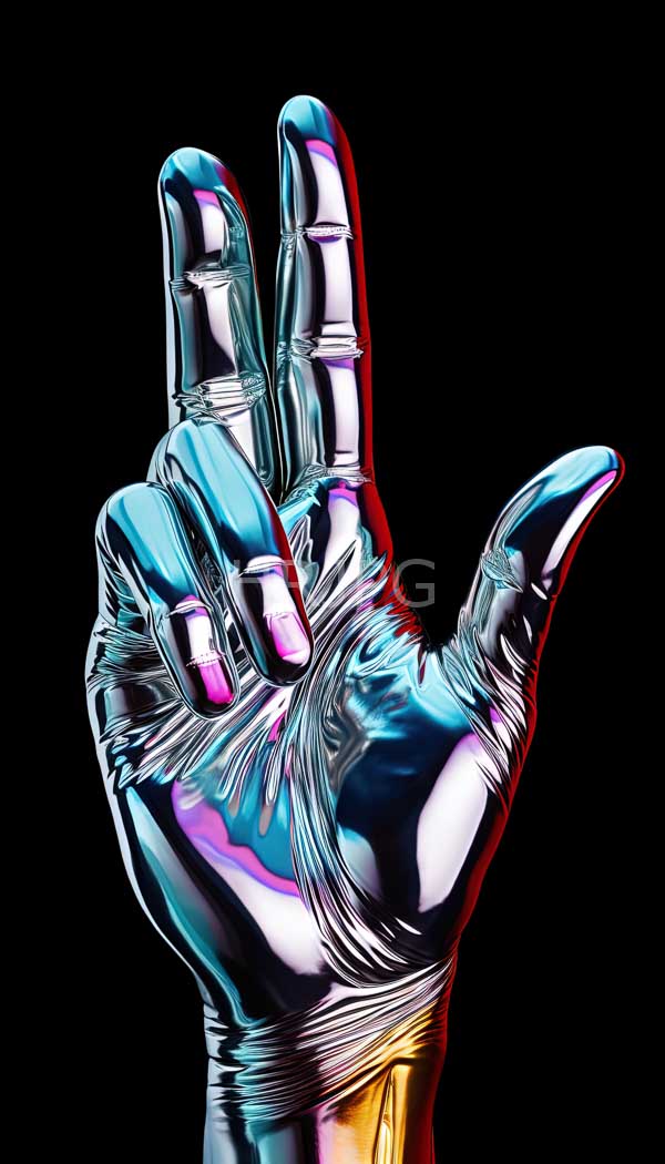 High Resolution: Highly reflective metallic futuristic hand making "OK" gesture against black hand has shiny chrome-like texture vibrant pink blue and download. | HRJPG.com