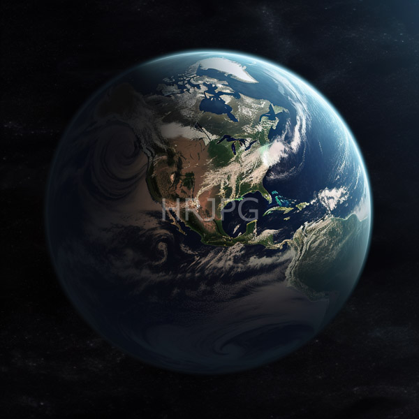 High Resolution: Reflective metallic Earth space showcasing North and South America planet illuminated sunlight highlighting green brown landmasses blue oceans and download. | HRJPG.com