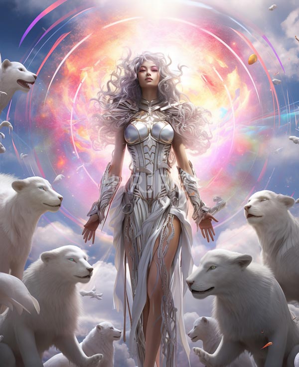 High Resolution: Silver-haired ethereal woman glowing skin wearing detailed silver high-neck thigh-slit dress surrounded white polar bears She stands radiant colorful download. | HRJPG.com