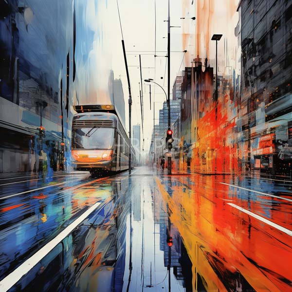 High Resolution: Rainy urban street scene tram center illuminated bright orange lights street reflects vibrant blue red and orange brushstrokes creating download. | HRJPG.com