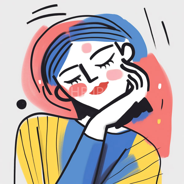 High Resolution: Modern abstract style features white-skinned woman blue and red hair closed eyes pink cheeks She rests her chin her hand download. | HRJPG.com