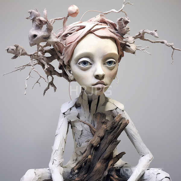 High Resolution: Surreal handmade doll pale cracked porcelain-like face large expressive blue eyes neutral expression doll has head adorned twisted leafless download. | HRJPG.com