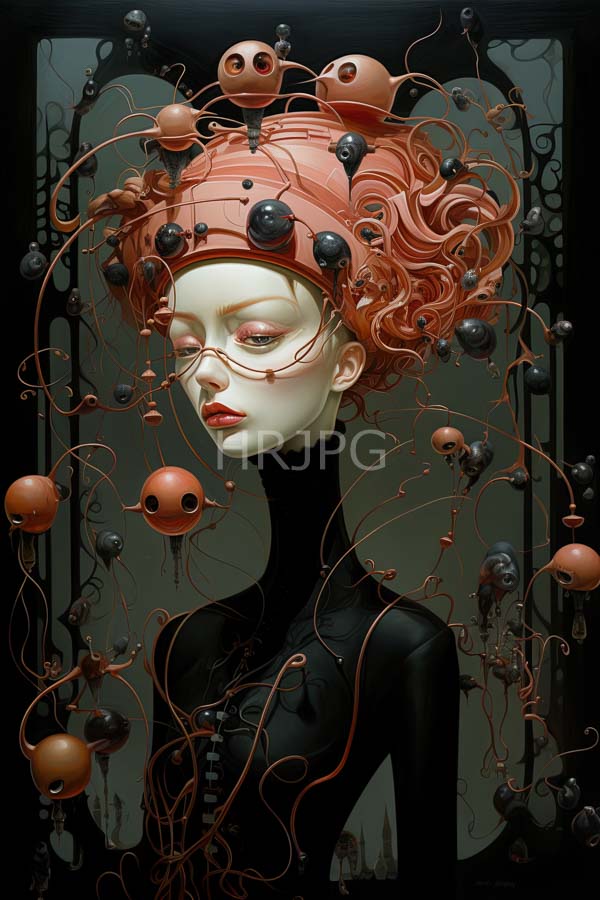 High Resolution: Pale-skinned androgynous figure red curly hair adorned numerous small orange and black orb-like creatures and tendrils figure wears black download. | HRJPG.com