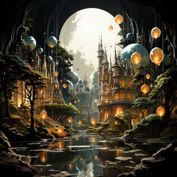 High Resolution: Fantasy magical illuminated forest scene serene reflective pond foreground leads whimsical fairy-tale castle intricate spires warm glowing windows download. | HRJPG.com