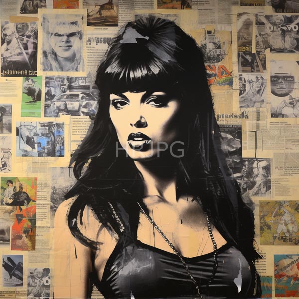 High Resolution: Black-and-white street art woman long straight black hair bangs dark lipstick wearing low-cut shiny top She has serious expression download. | HRJPG.com