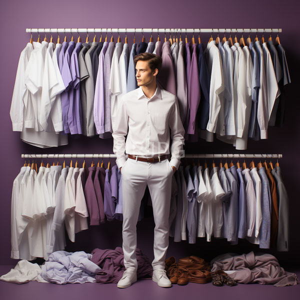 High Resolution: Young Caucasian man light brown hair standing front purple wall He wears white button-up shirt white pants white sneakers download. | HRJPG.com