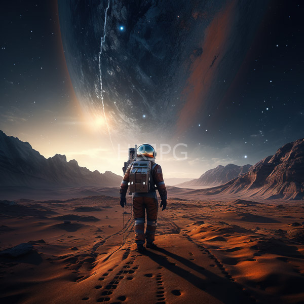 High Resolution: Lone astronaut white spacesuit glowing blue helmet standing orange sandy desert under starry night sky astronaut carrying backpack download. | HRJPG.com