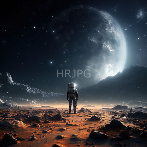 High Resolution: Lone astronaut white spacesuit standing rocky orange desert planet under starry night sky massive luminous moon dominates background casting download. | HRJPG.com