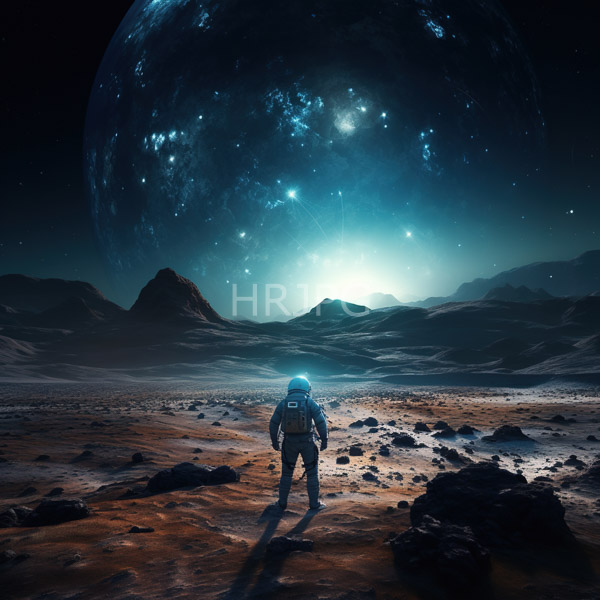 High Resolution: Lone astronaut glowing blue helmet standing rocky orange-hued Martian landscape astronaut wearing white backpack dark spacesuit casts long download. | HRJPG.com
